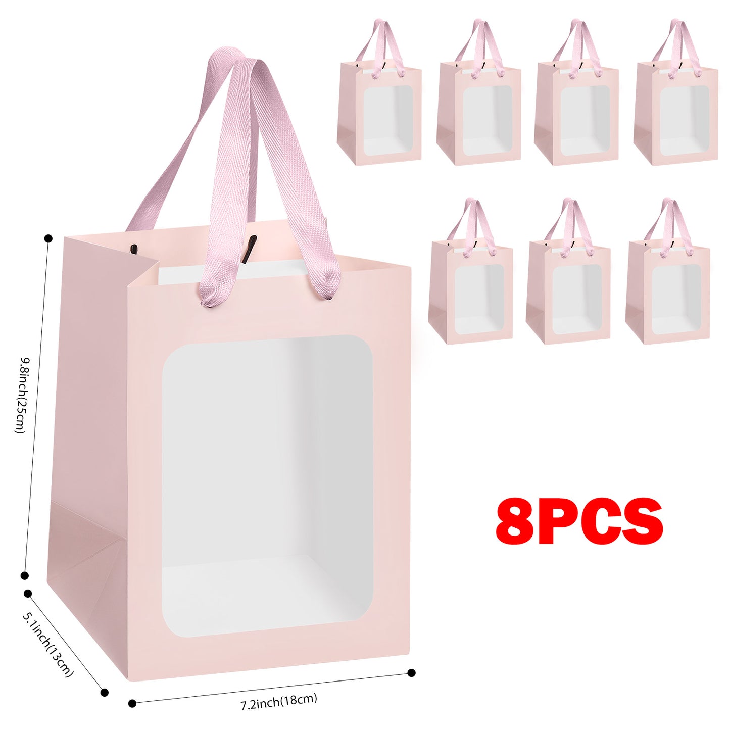8/12/16/24pcs Pink Flower Gift Bags with Clear Window, Bouquet Paper Bags for Birthday, Wedding, Valentine's Day, Mother's Day, Graduation Party Favors