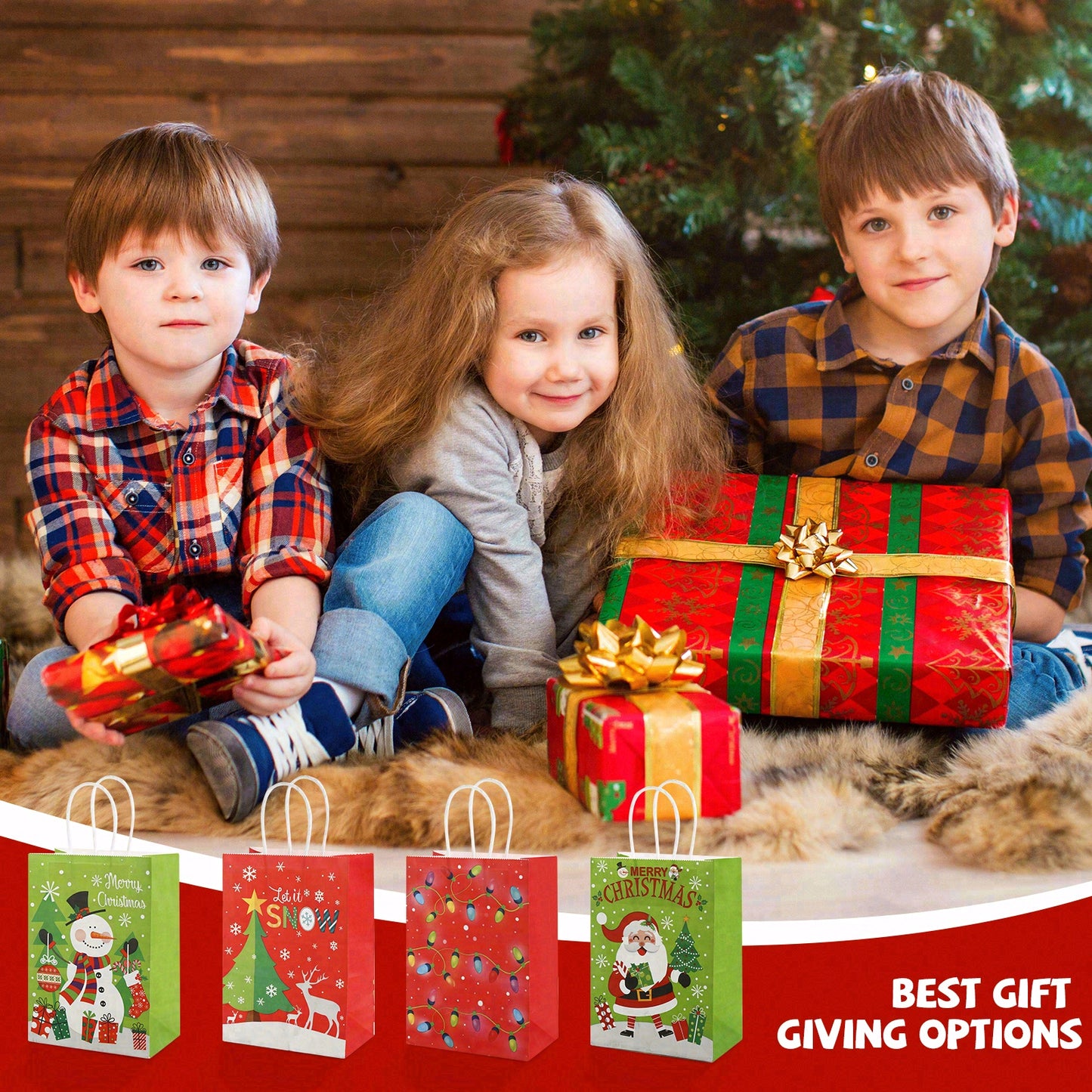 24/48pcs Assorted Christmas Gift Bags with Santa, Snowman & Reindeer Design, Red and Green Holiday Party Favor Bags for Kids, Christmas Candy Bags