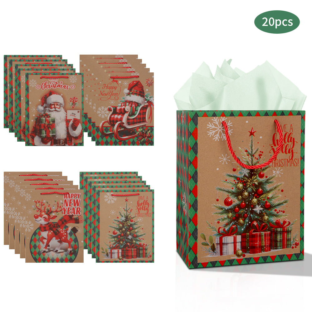 10/20pcs Retro Christmas Gift Bags with Handles, Kraft Paper Holiday Party Bags, Santa Claus and Reindeer Design
