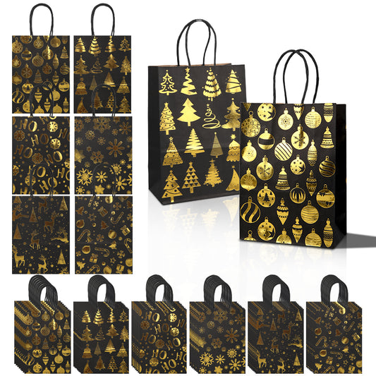 18/36pcs Christmas Gift Bags Black Gold Foil | Luxury Holiday Party Favor Bags with Handles | Elegant Christmas Tree Ornament Snowflake Reindeer Design