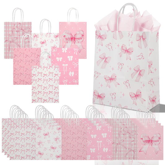 24/48pcs Pink Bow Gift Bags, Cute Paper Party Favor Bags with Ribbon Handles for Birthday, Wedding, Baby Shower, Candy, Goodie Bags