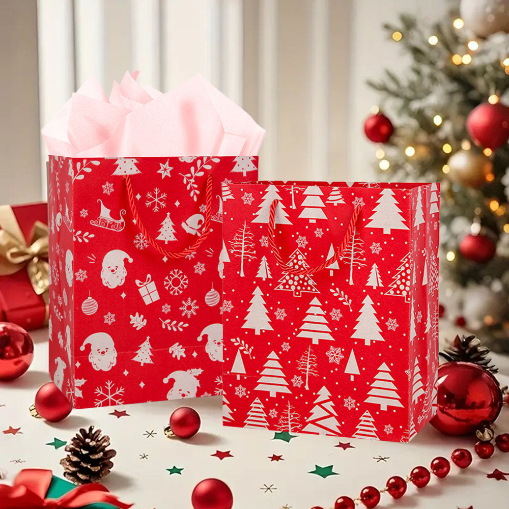 10/20pcs Red Kraft Paper Christmas Gift Bags with Handles, Santa Claus and Snowflake Design, Holiday Party Favor Treat Bags