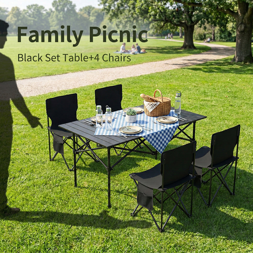 5 Piece Camping Table and Chairs Set, Portable Outdoor Folding Table & 4 Chairs with Carry Bag, Heavy Duty Aluminum Roll Up Table for Picnic, Beach, Backyard, Tailgate Party (Black)