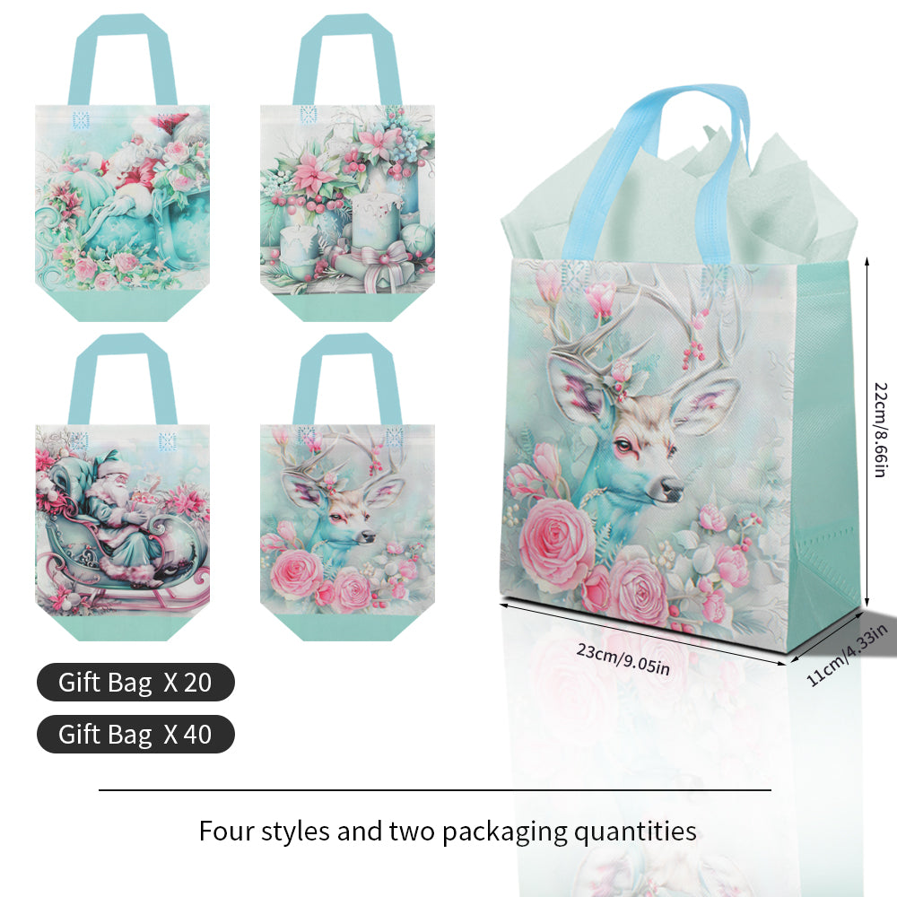 40pcs of preferred gift packaging bags for the Christmas season, elk and floral themed gift bags with soft color matching, reusable gift bags for Christmas parties.