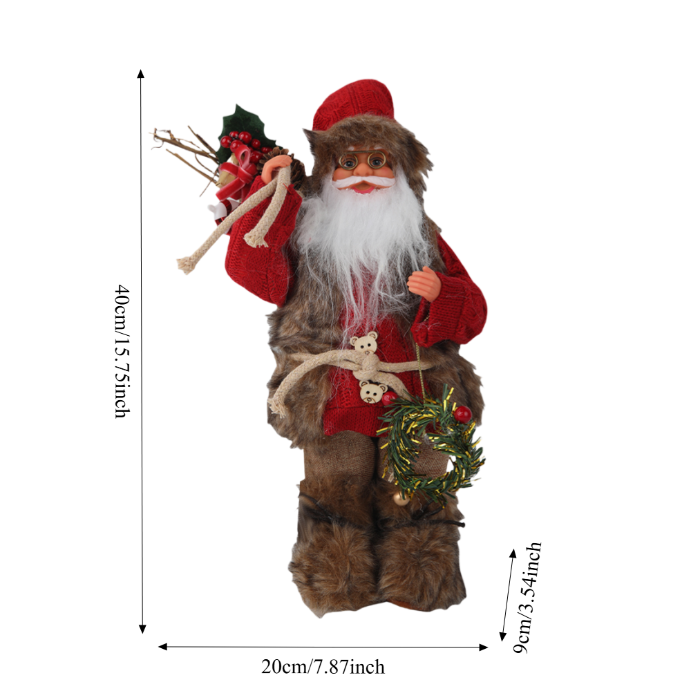 15.7in Rustic Santa Claus Figurine, Faux Fur Knit Santa Claus Standing Decoration for Indoor Home, Mantel & Shelf Christmas Party Supplies