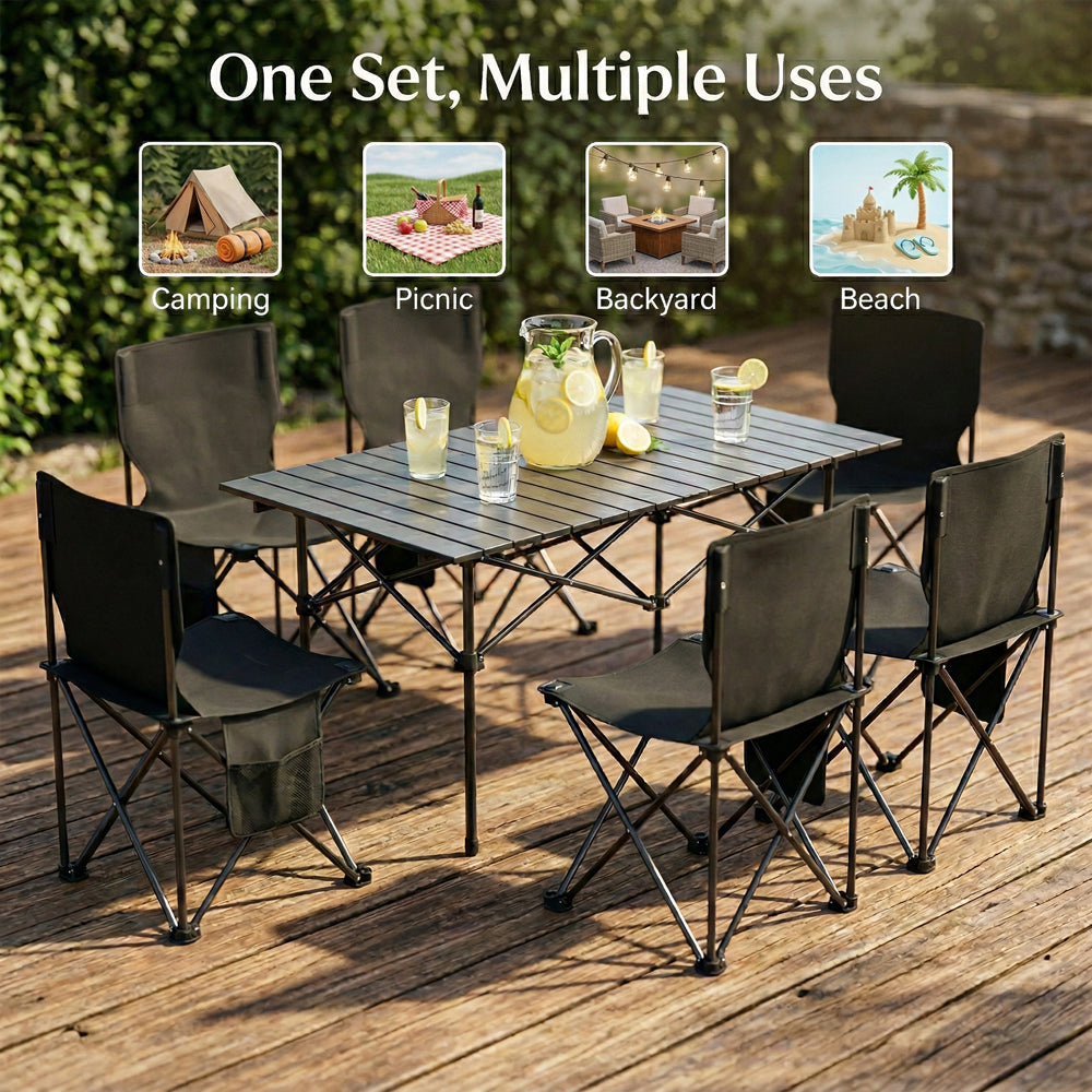 7 Piece Outdoor Folding Table and Chairs Set, Portable Camping Table with 6 Chairs, Lightweight Collapsible Picnic Set for Backyard, Beach, Tailgate