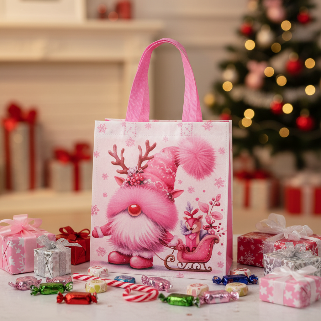 20/40pcs Pink Christmas Gnome Gift Bags, Cute Pinkmas Party Favor Bags for Girls Kids School Classroom, Non Woven Xmas Treat Bags