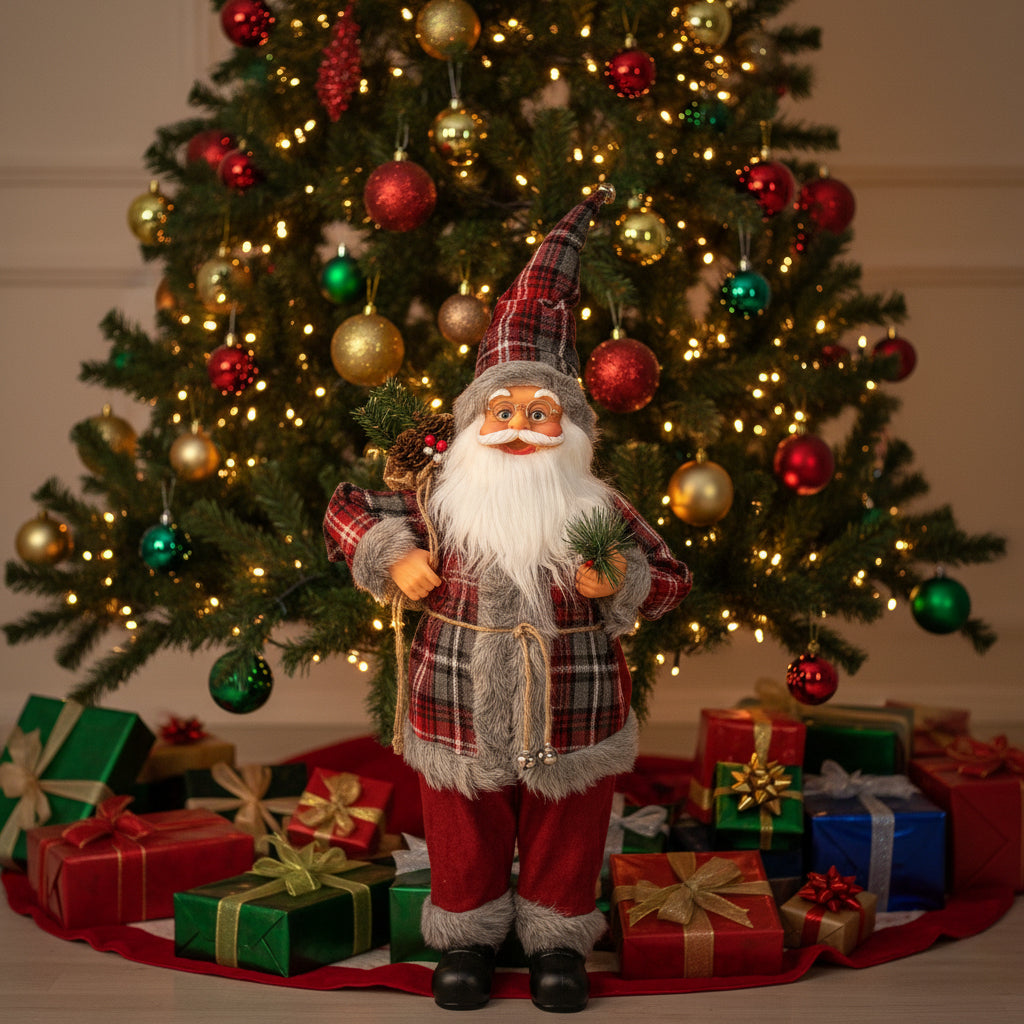15.7In Plaid Santa Claus Figurine, Rustic Farmhouse Christmas Decoration for Mantel Table, Standing Santa with Glasses for Holiday Home Decor