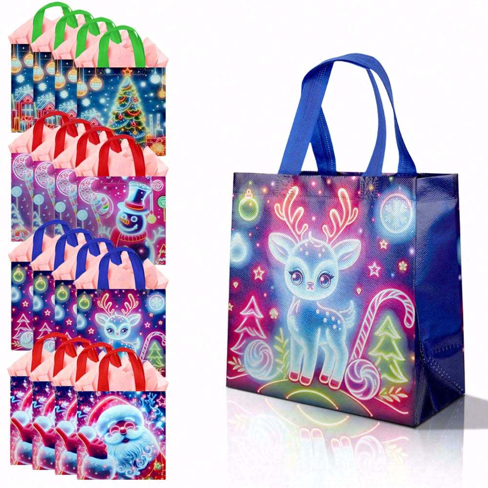 16/32pcs Christmas Gift Bags, Neon Glow Reusable Holiday Tote Bags with Handles for Kids Party Candy Treats