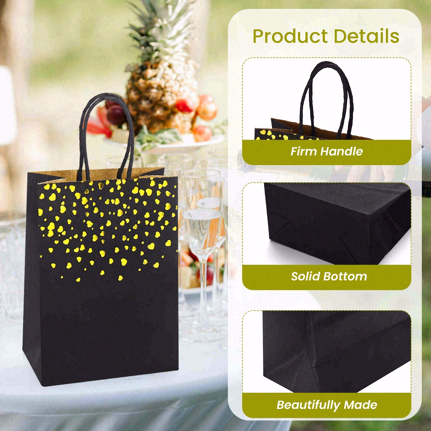 20/40pcs Black Gold Heart Paper Gift Bags, Luxury Party Favor Bags for Valentine's Day, Weddings, and Birthdays.