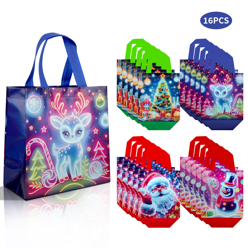 16/32pcs Christmas Gift Bags, Neon Glow Reusable Holiday Tote Bags with Handles for Kids Party Candy Treats