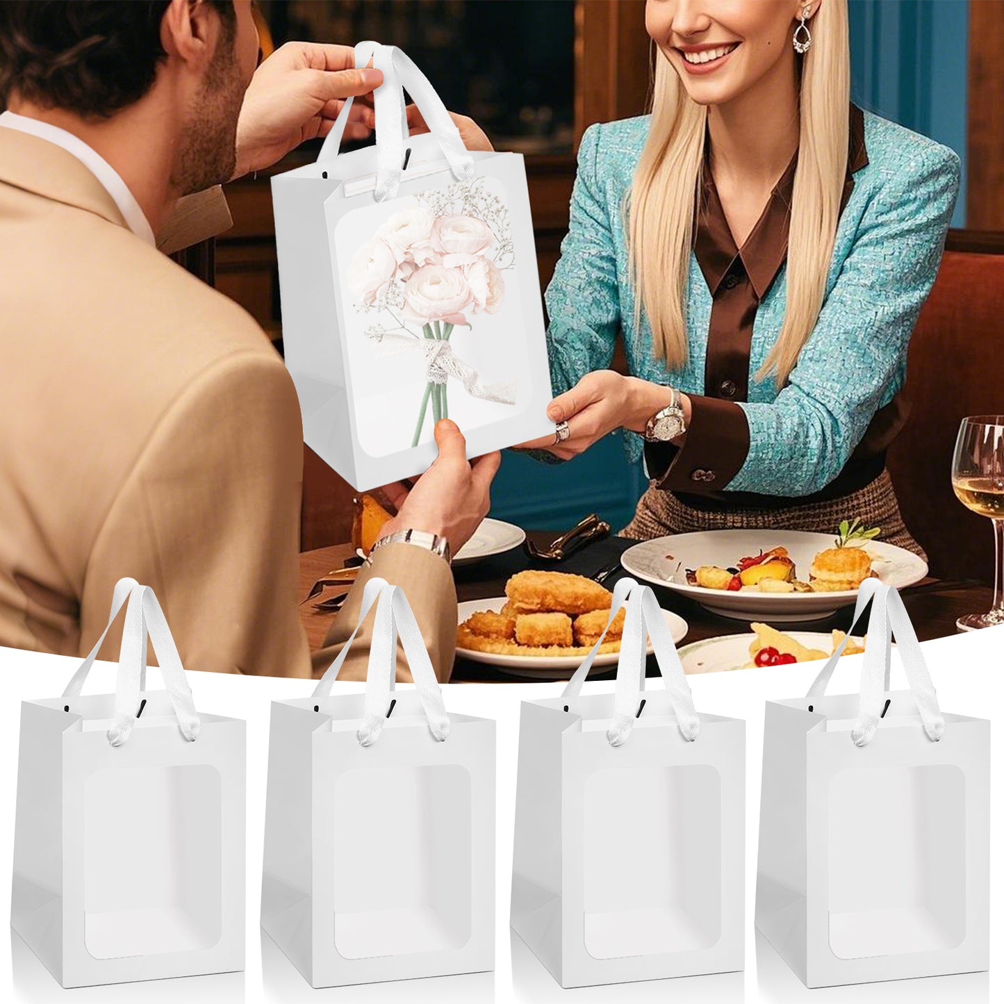 8/12/16/24pcs White Paper Gift Bags with Clear Window,Party gift bags with handles, suitable for weddings, birthdays, bridal showers and baby showers.