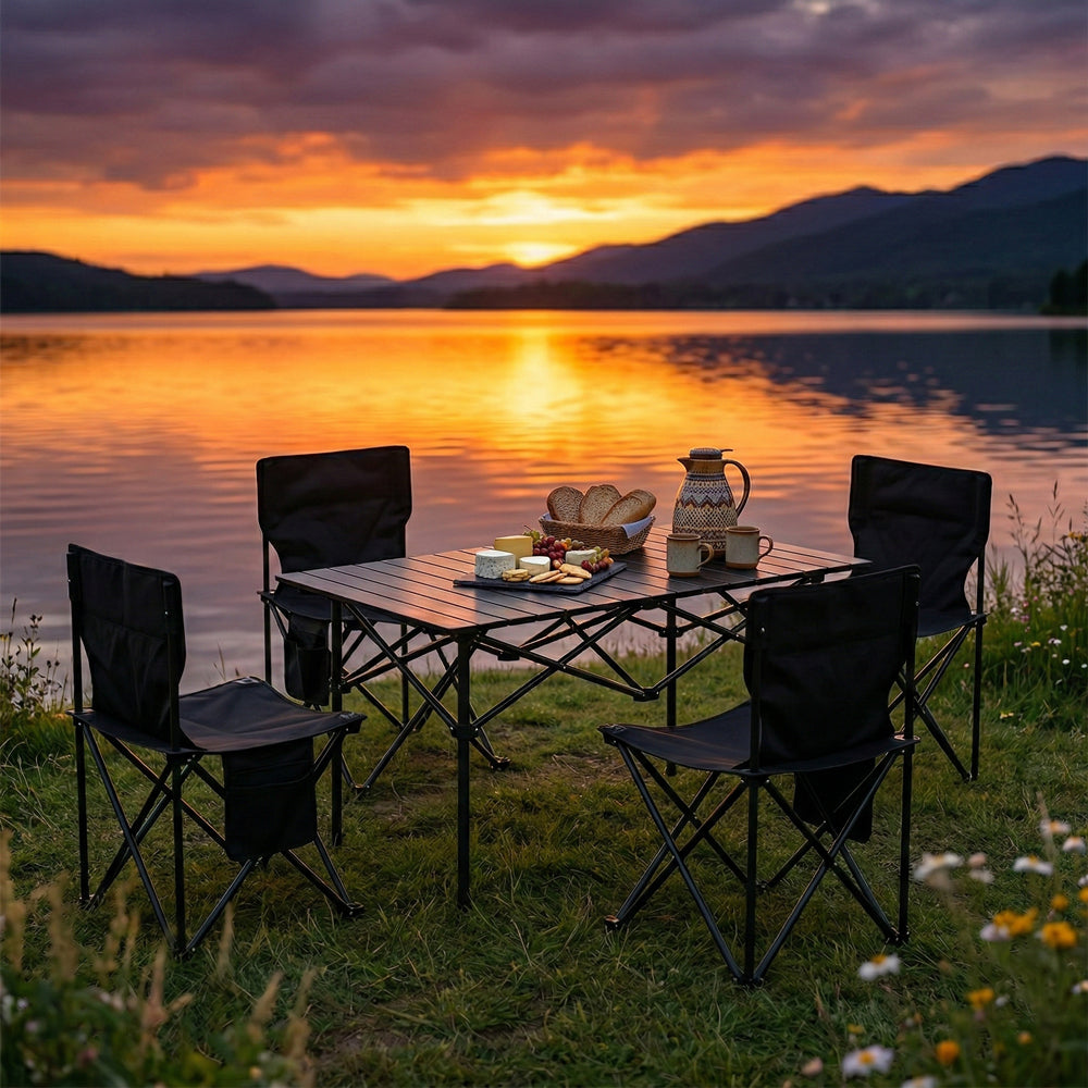 5 Piece Camping Table and Chairs Set, Portable Outdoor Folding Table & 4 Chairs with Carry Bag, Heavy Duty Aluminum Roll Up Table for Picnic, Beach, Backyard, Tailgate Party (Black)