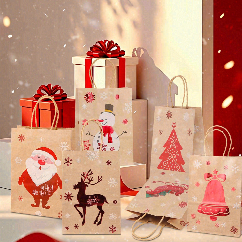 24/48pcs Christmas Gift Bags with Handles, Kraft Paper Holiday Party Favor Bags, Assorted Santa Snowman Reindeer Designs for Xmas Cookies Treats Goody Bags