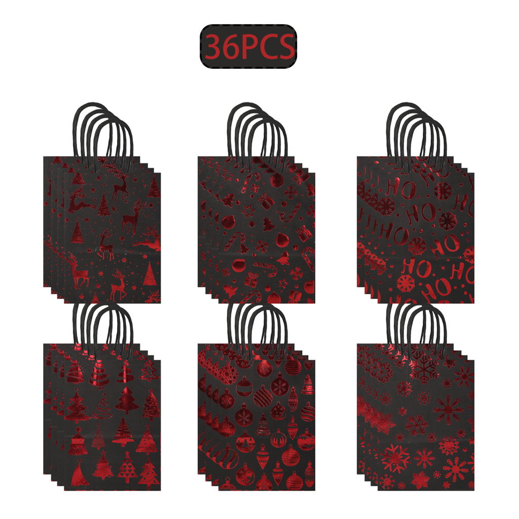 18/36pcs Black and Red Foil Christmas Gift Bags, Assorted Merry Christmas Patterns for Holiday Party Favor and Presents