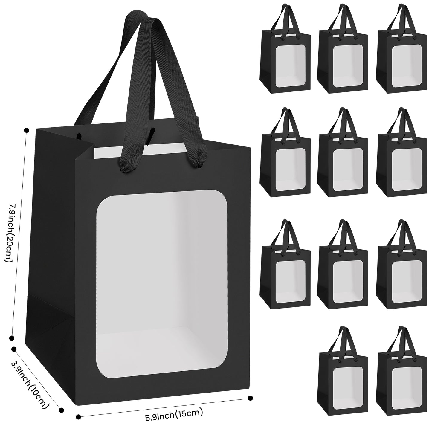 8/12/16/24pcs Black Gift Bags with Clear Window, Paper Shopping Bags with Handles for Jewelry, Wedding Favor, Party, Flower