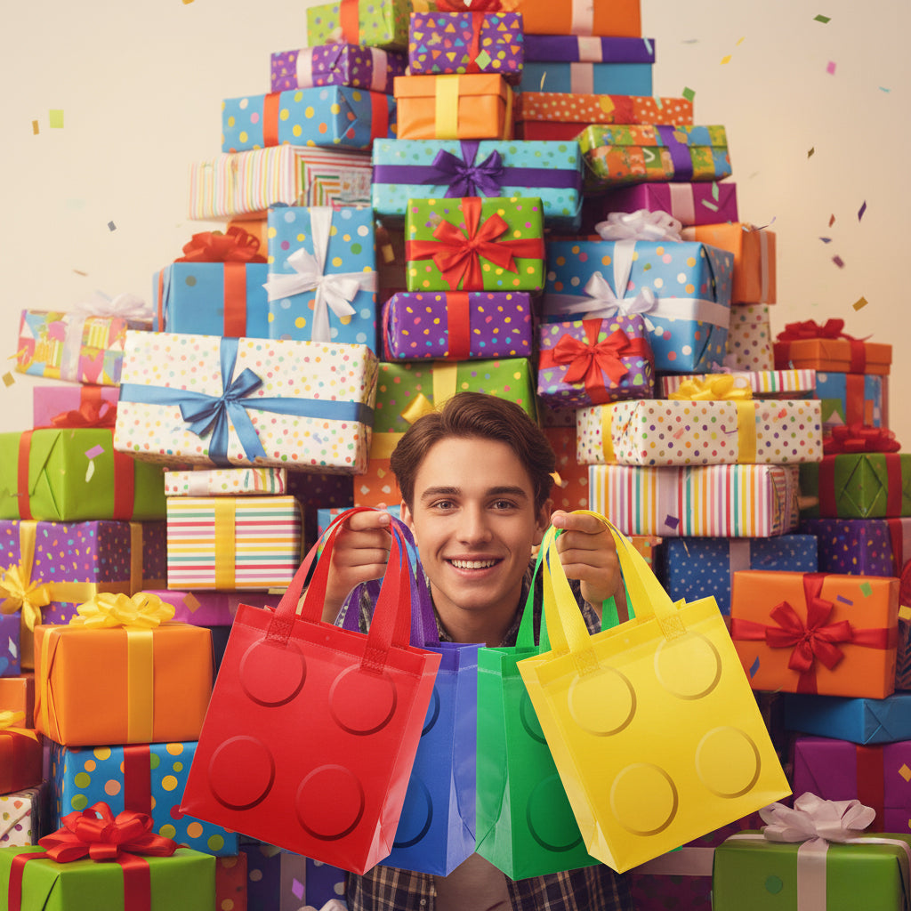 24/48pcs Rainbow-colored non-woven gift bags, round building block element tote bags, suitable for baby 100-day celebration souvenirs, birthday and wedding party gift packaging.