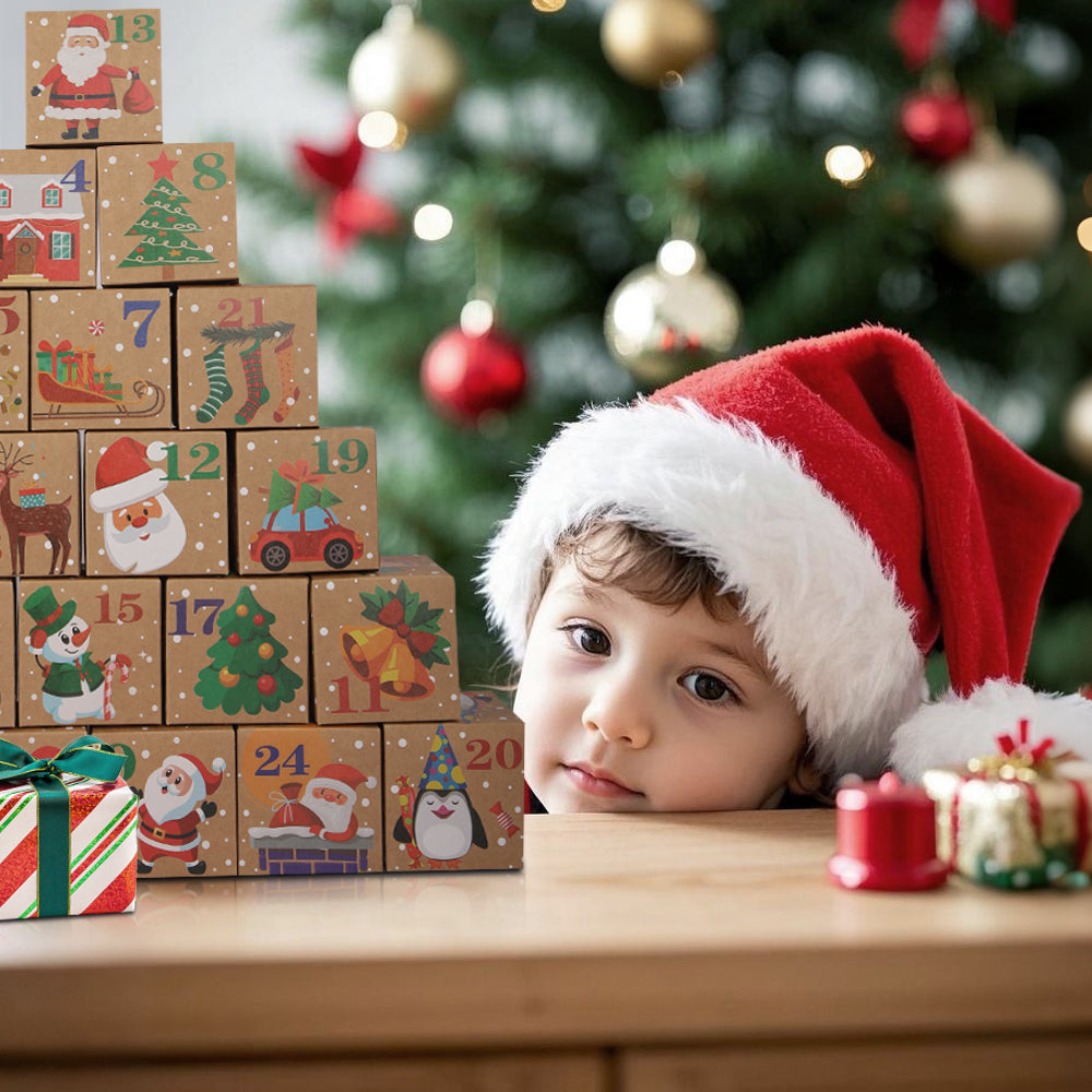 Christmas Advent Calendar Boxes, 24 Days Kraft Paper Countdown Calendar Kit for Kids, Christmas Party Favors, Classroom Gifts