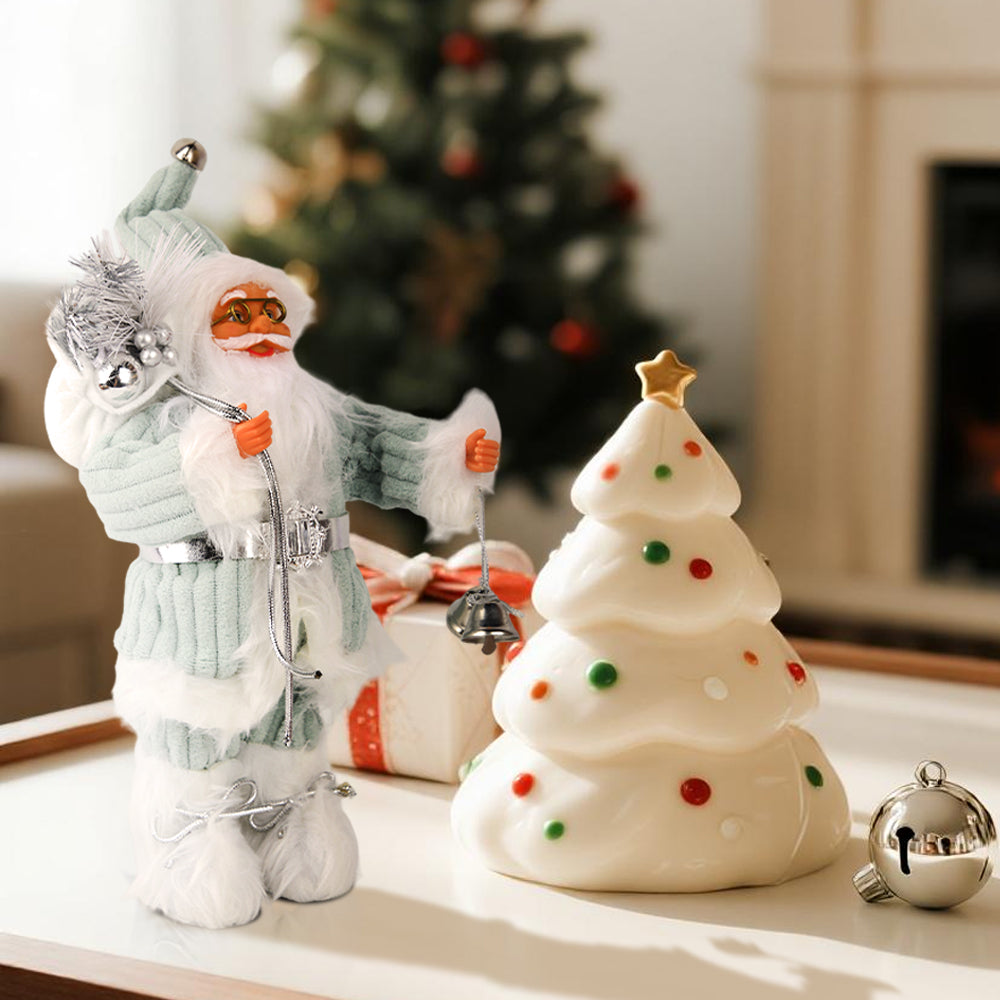 15.7in Christmas Santa Claus Figurine, Knit Sweater Santa with Bell, Cute Tabletop Decoration for Home, Office, Mantel, and Shelf