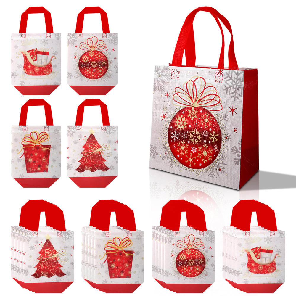 20/40pcs Christmas Gift Bags,Red and White Non Woven Holiday Party Favor Bags with Snowflake and Ornament Design for Kids Presents and Candy