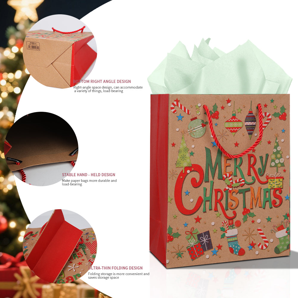 10/20pcs Christmas Gift Bags with Rope Handle, Assorted Merry Christmas Kraft Paper Bags for Holiday Party Favors, Treats & Cookie Packaging