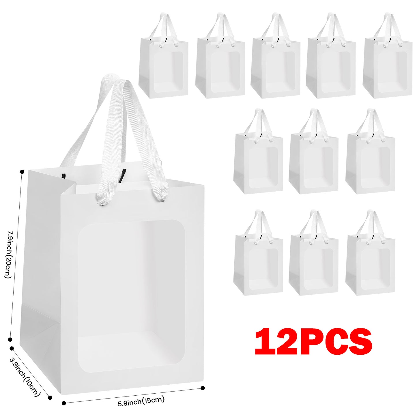 8/12/16/24pcs White Paper Gift Bags with Clear Window,Party gift bags with handles, suitable for weddings, birthdays, bridal showers and baby showers.