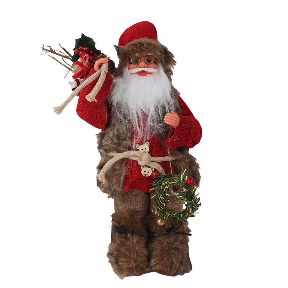15.7in Rustic Santa Claus Figurine, Faux Fur Knit Santa Claus Standing Decoration for Indoor Home, Mantel & Shelf Christmas Party Supplies