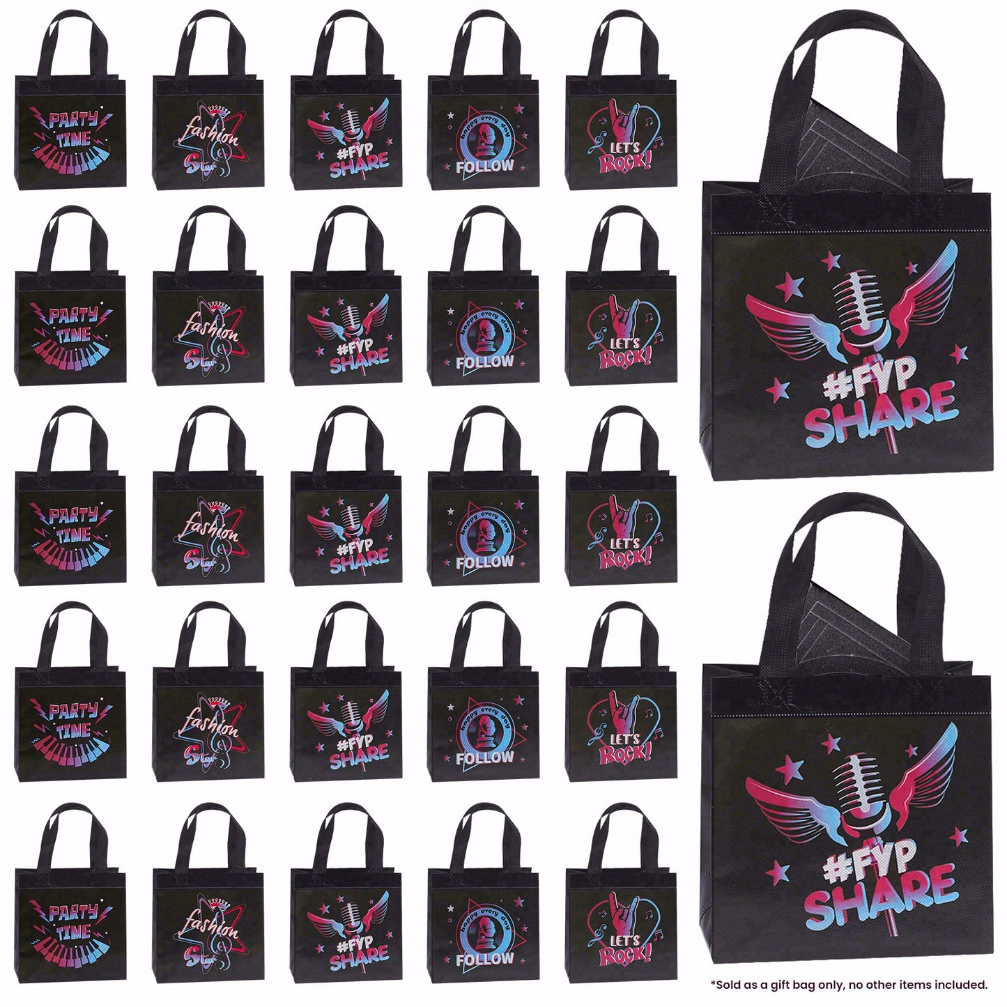 25pcs Festival Party Favor Bags, Rock Music Candy Totes, Non Woven Reusable Gift Bags, Halloween Trick or Treat