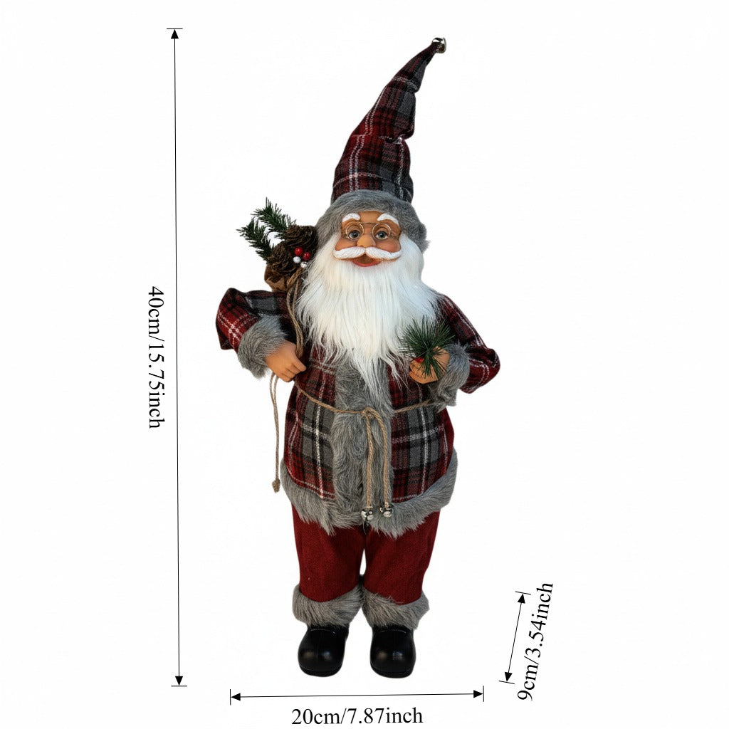 15.7In Plaid Santa Claus Figurine, Rustic Farmhouse Christmas Decoration for Mantel Table, Standing Santa with Glasses for Holiday Home Decor