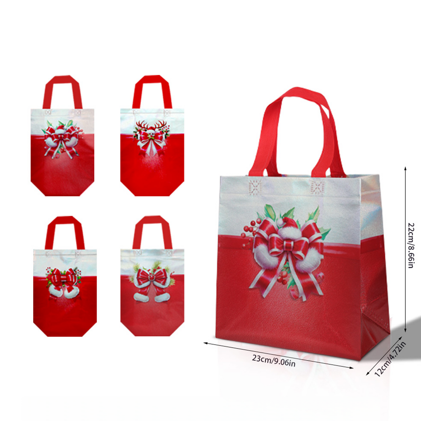 16/32pcs Christmas Gift Bags with Handles, Reusable Non Woven Holiday Party Favor Bags, Red Santa Bow Design for Presents, Candy, Treats