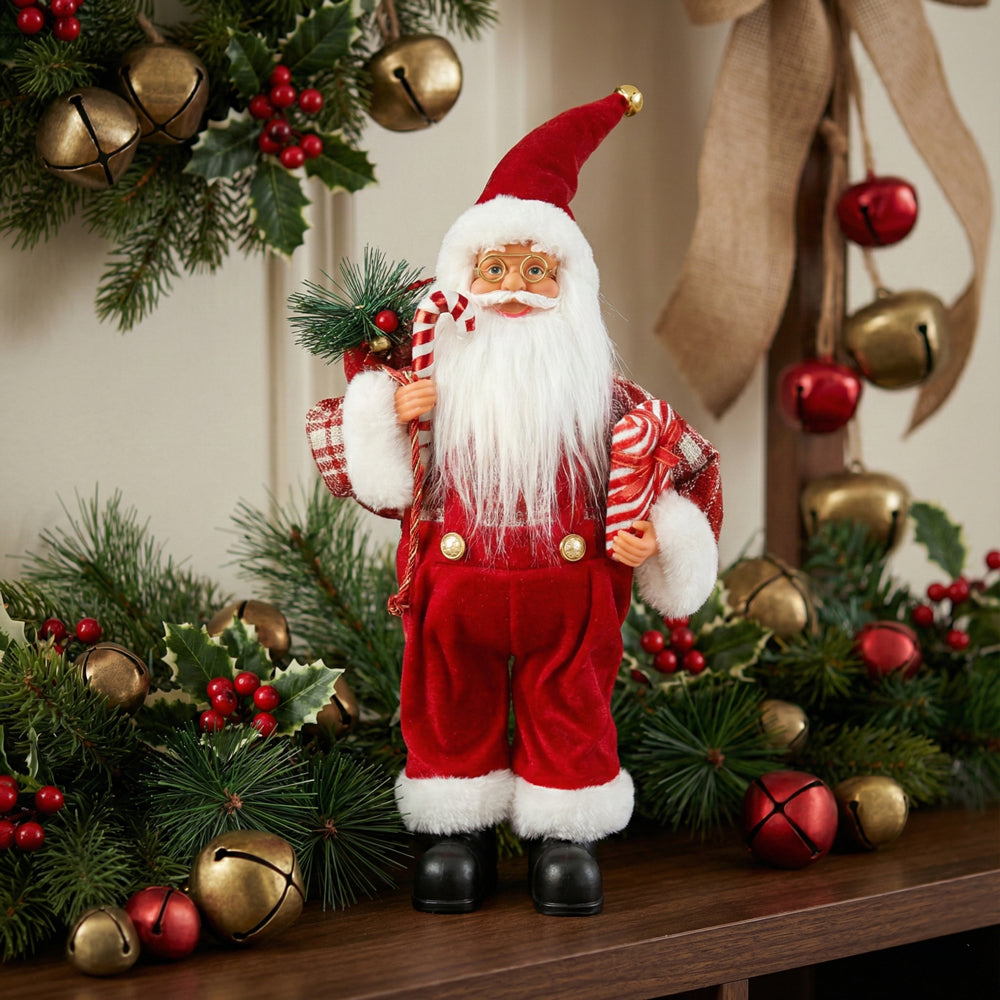 15.7in Christmas Santa Claus Figurine, Red Velvet Santa with Candy Cane, Classic Holiday Table Decor for Mantel and Shelf, Indoor Christmas Decoration