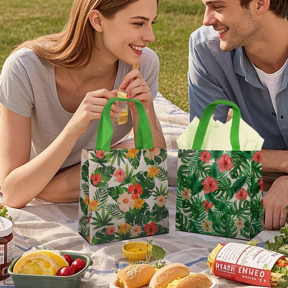 24/48pcs Tropical Gift Bags with Handles, Hawaiian Luau Party Favor Bags, Hibiscus and Monstera Summer Birthday Wedding Goody Bags for Candy Treats