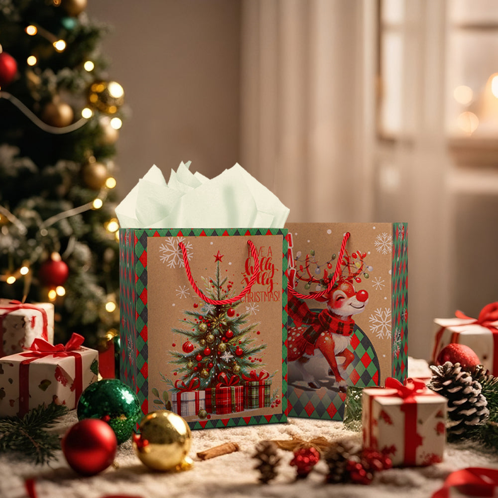 10/20pcs Retro Christmas Gift Bags with Handles, Kraft Paper Holiday Party Bags, Santa Claus and Reindeer Design