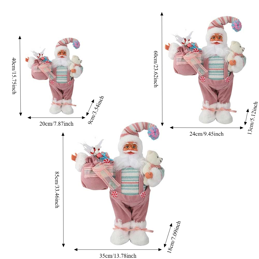 15.7/23.6/33.5in Pink Christmas Santa Claus Figurine with Gift Bag, Cute Christmas Table Top Decor for Home, Mantel, and Shelf, Festive Holiday Decoration