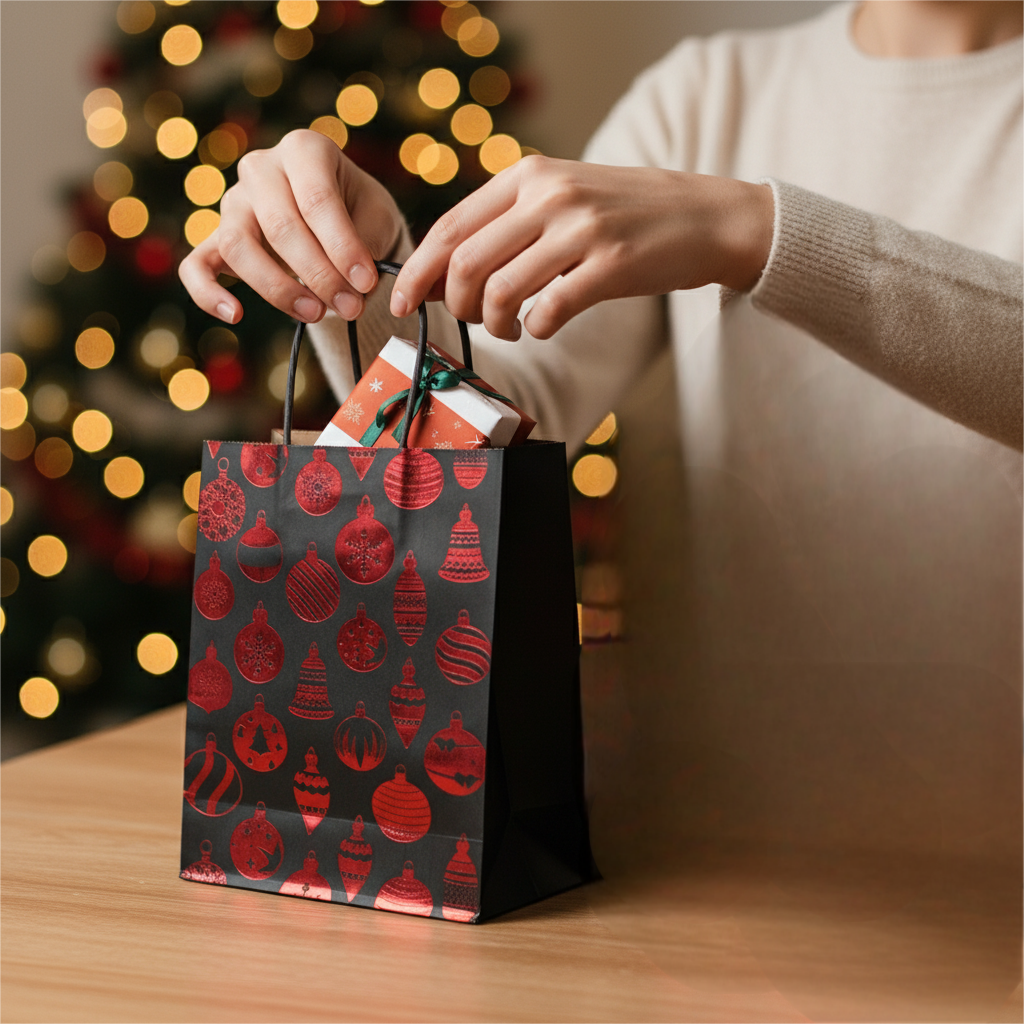 18/36pcs Black and Red Foil Christmas Gift Bags, Assorted Merry Christmas Patterns for Holiday Party Favor and Presents