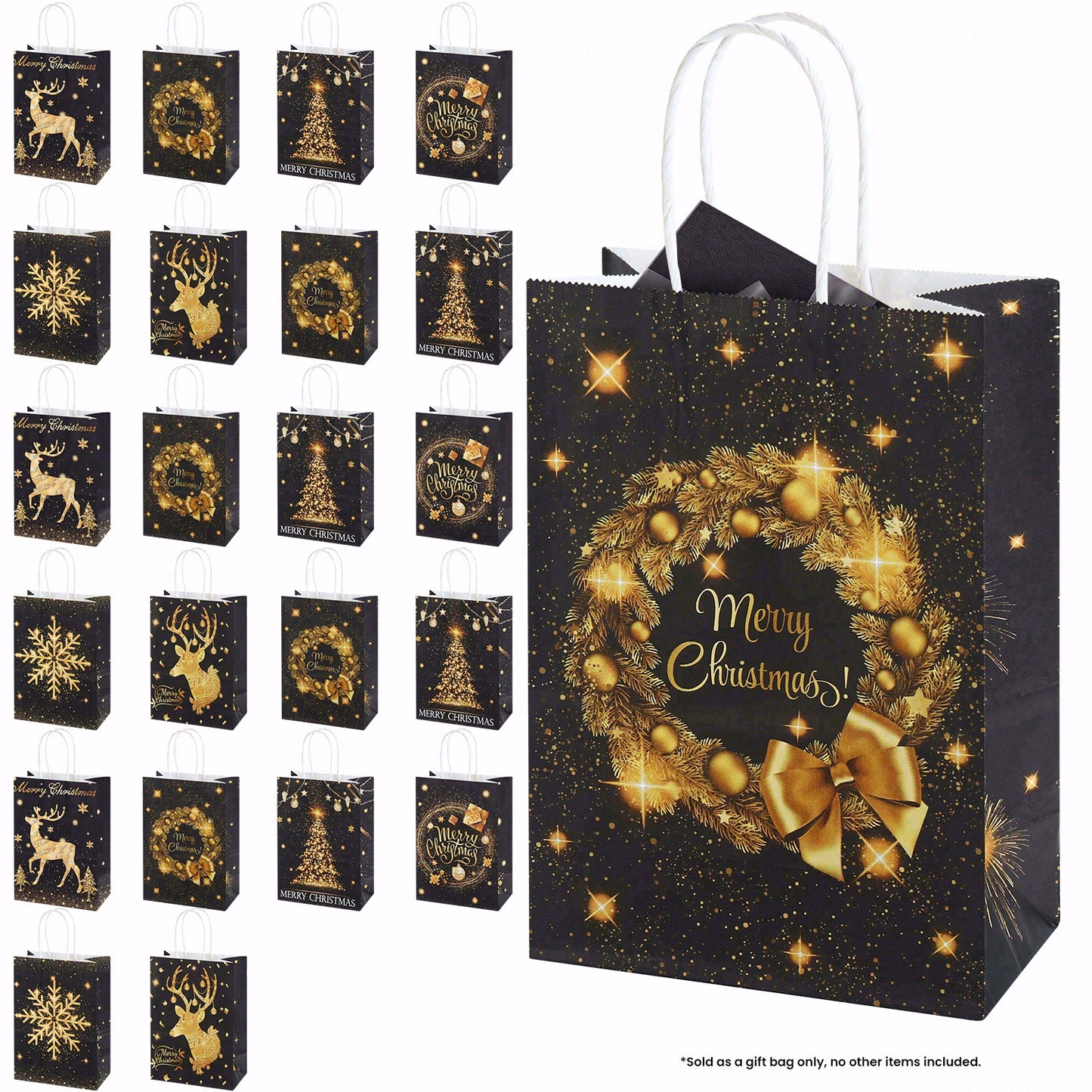 24/48pcs Black and Gold Christmas Gift Bags with Wreath and Reindeer Design, Merry Christmas Party Favor Bags, Holiday Gift Wrapping Bags