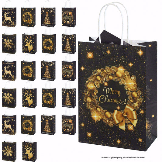 24/48pcs Black and Gold Christmas Gift Bags with Wreath and Reindeer Design, Merry Christmas Party Favor Bags, Holiday Gift Wrapping Bags
