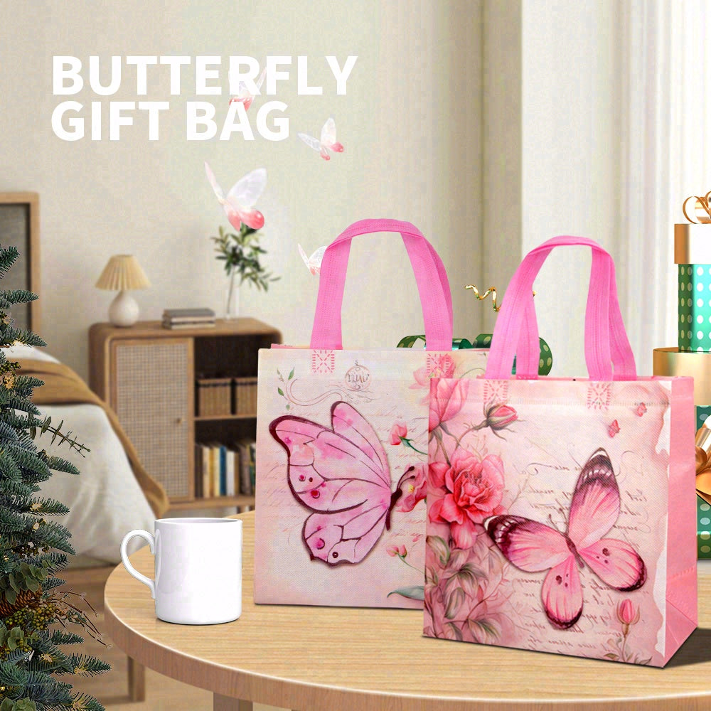 20/40pcs Pink Butterfly Gift Bags for Birthday, Wedding, Valentine's Day Party Favor Bags, Floral Tote Bags for Women