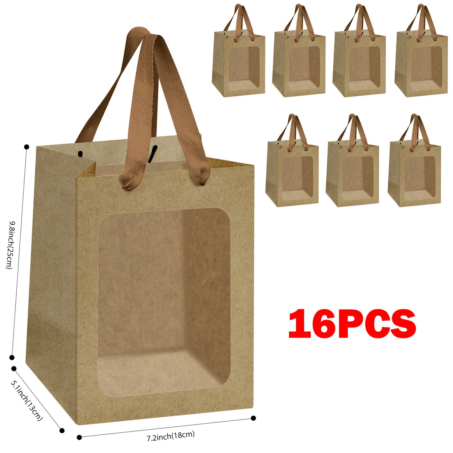 8/12/16/24pcs Brown Kraft Paper Gift Bags with Clear Window and Handles, Perfect for Cookies, Bakery, Party Favors, Christmas and Thanksgiving