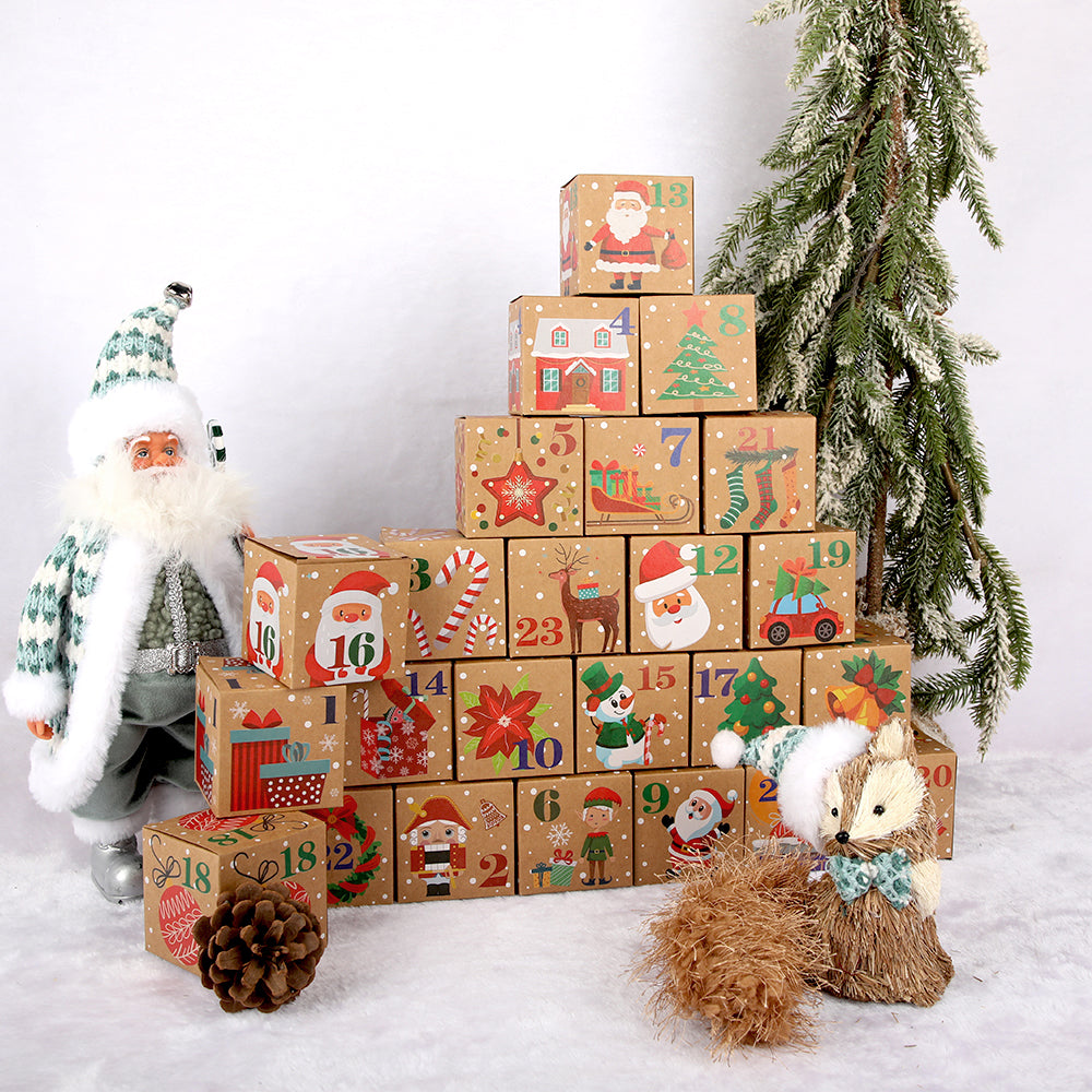 Christmas Advent Calendar Boxes, 24 Days Kraft Paper Countdown Calendar Kit for Kids, Christmas Party Favors, Classroom Gifts