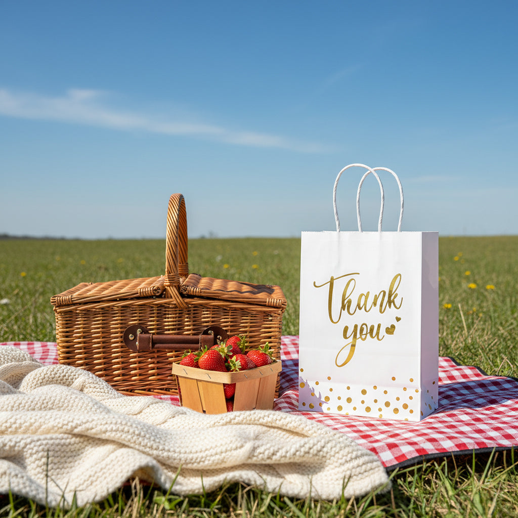 24/48pcs Thank You Gift Bags, White Gold Foil Paper Bags with Handles for Wedding Favor, Birthday Party, Baby Shower, Christmas