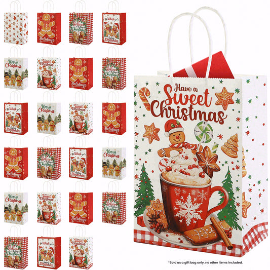 24/48pcs Christmas Gift Bags, Holiday Party Supplies, Gingerbread Man & Hot Chocolate Design, Small Paper Treat Bags with Handles for Kids, Teachers, Co-workers, Family