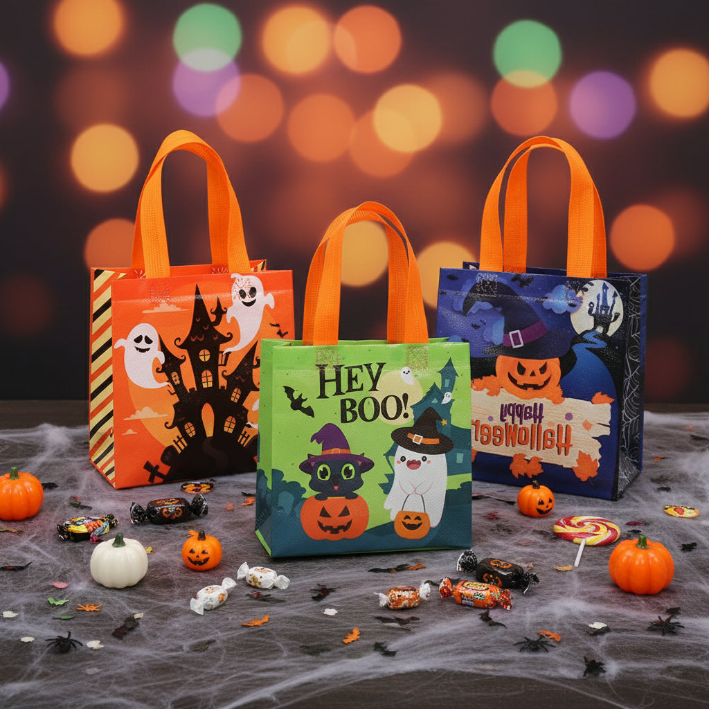 24/48pcs Halloween Goodie Bags, Trick or Treat Bags for Kids, Halloween Party Favors, Candy Bags, Non-Woven Reusable Gift Bags for Halloween Party Supplies