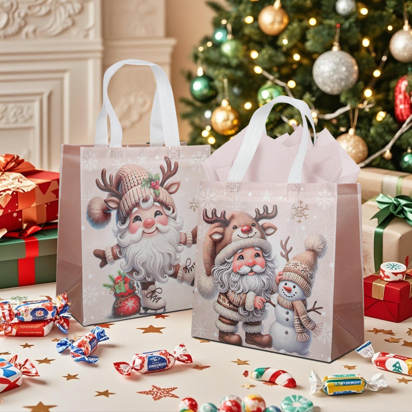 20pcs Christmas-themed gift bags, high-quality non-woven waterproof party gift bags with Santa Claus and snowman printed patterns, suitable as packaging bags for weddings, carnival nights, Thanksgiving, and holiday gifts.