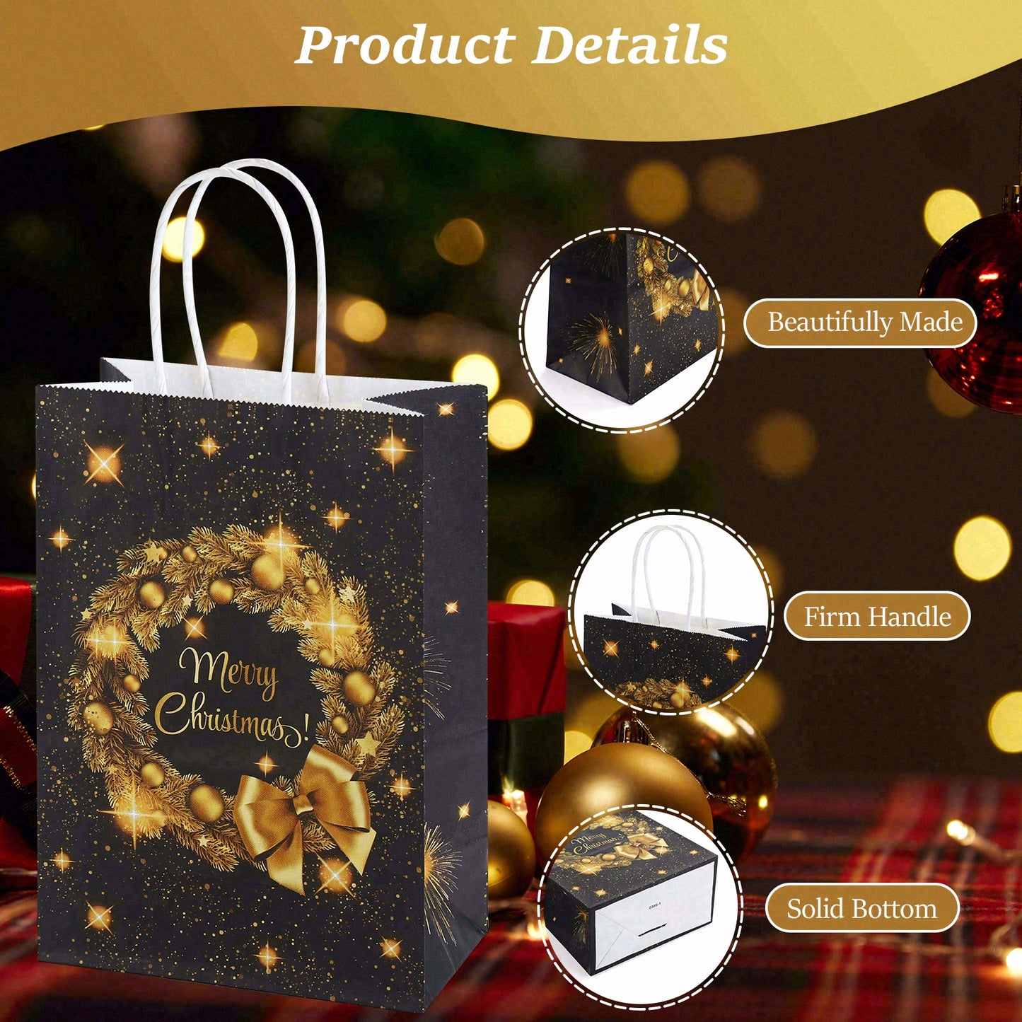 24/48pcs Black and Gold Christmas Gift Bags with Wreath and Reindeer Design, Merry Christmas Party Favor Bags, Holiday Gift Wrapping Bags