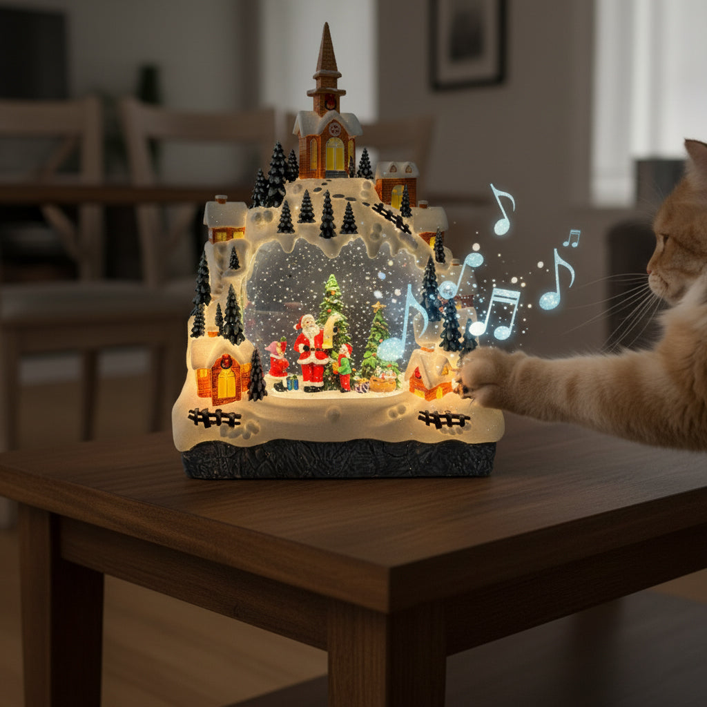 1 Piece Christmas Village Decoration, Musical Snow Globe with LED Lights, Lighted Winter Wonderland Scene with Church and Santa Claus, Tabletop Christmas Decor for Home