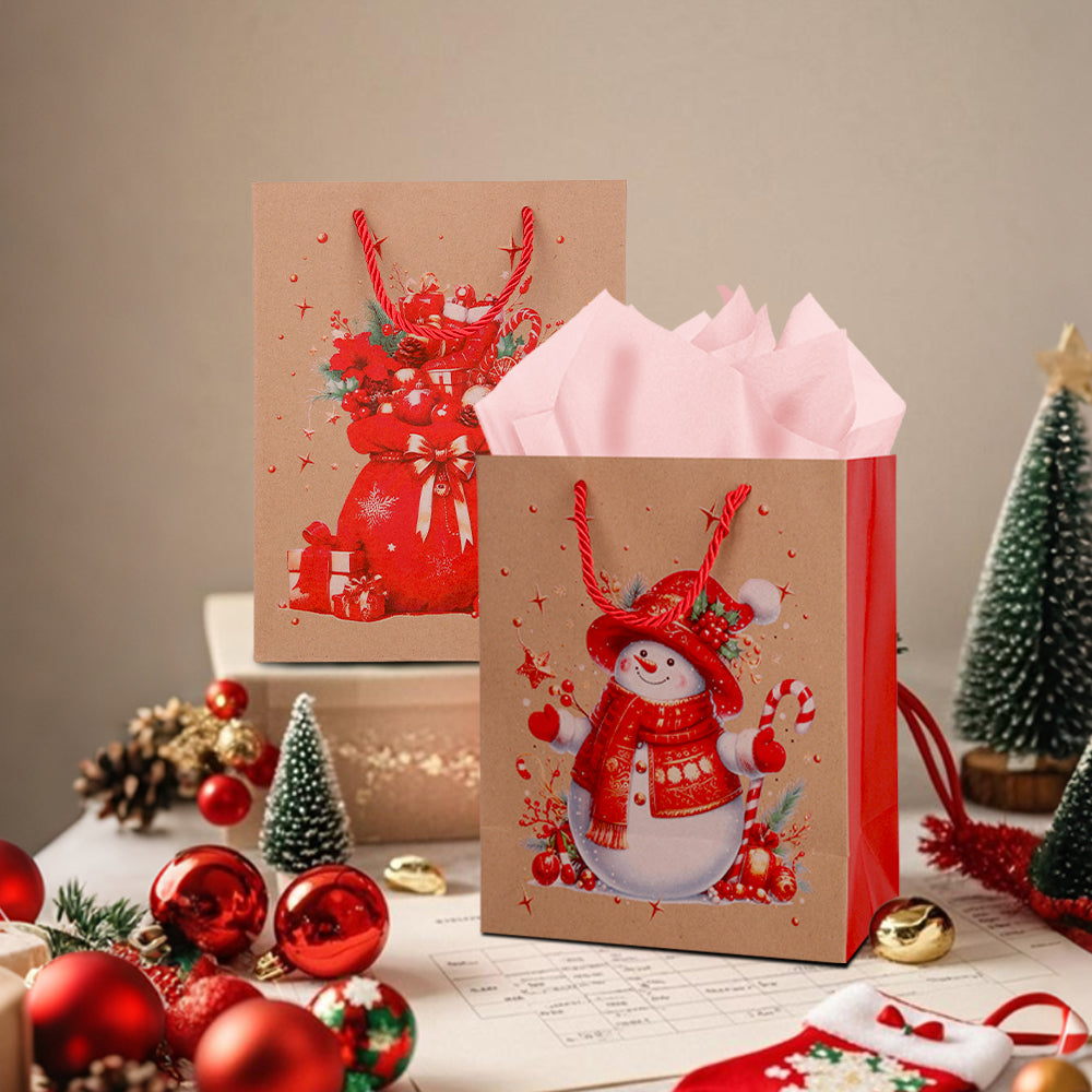 10/20pcs Christmas Gift Bags Kraft Paper with Handles, Snowman and Santa Claus Design, Holiday Party Favor Bags for Kids Presents Wrapping Supplies