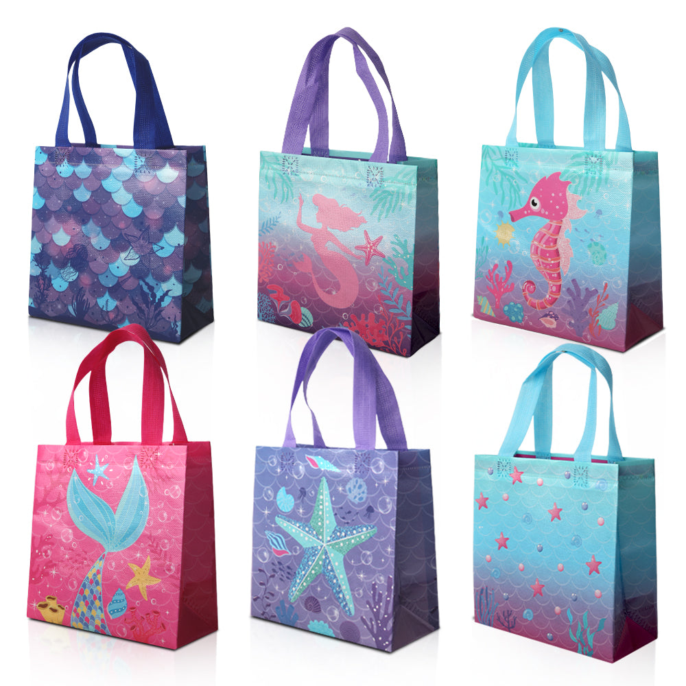 24/48pcs Mermaid Party Favor Bags, Under the Sea Theme Kids Birthday Party Supplies, Reusable Non Woven Goody Bags for Treats and Candy