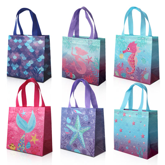 24/48pcs Mermaid Party Favor Bags, Under the Sea Theme Kids Birthday Party Supplies, Reusable Non Woven Goody Bags for Treats and Candy