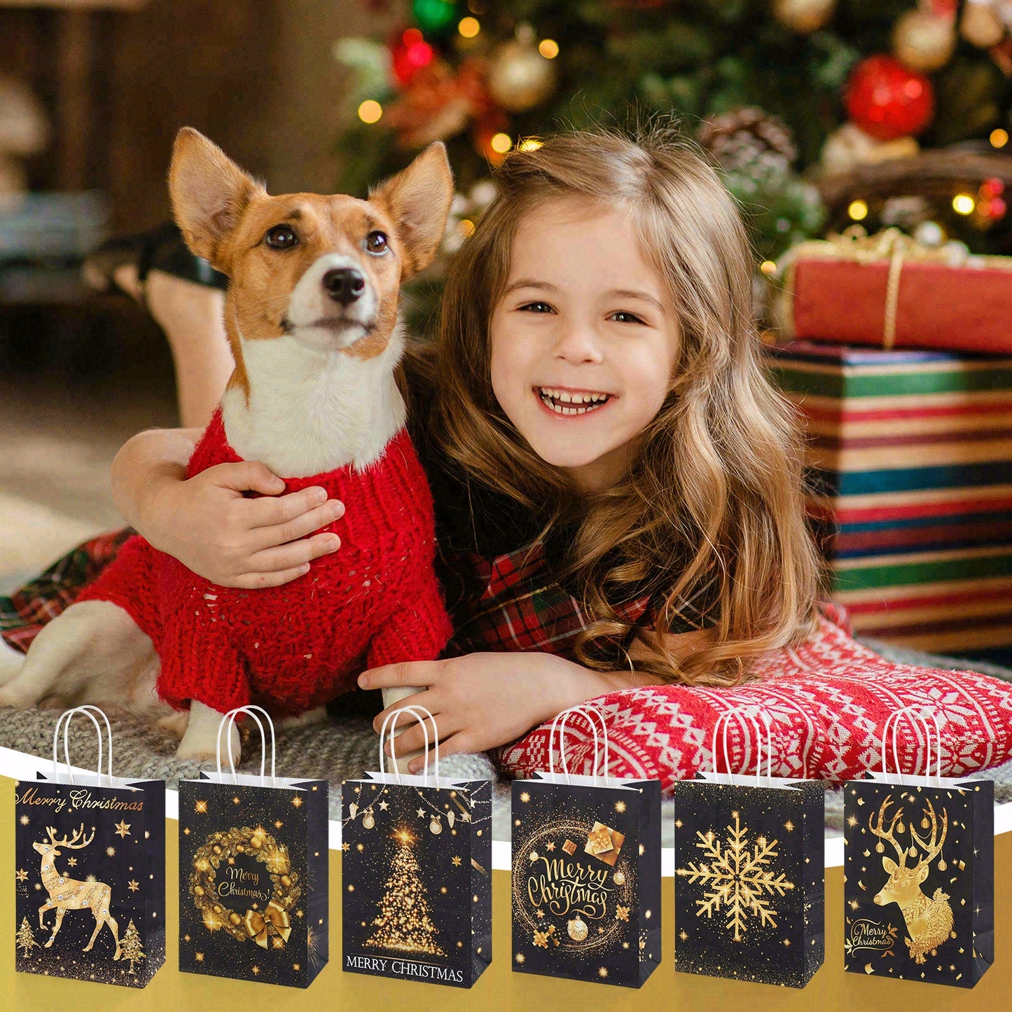 24/48pcs Black and Gold Christmas Gift Bags with Wreath and Reindeer Design, Merry Christmas Party Favor Bags, Holiday Gift Wrapping Bags